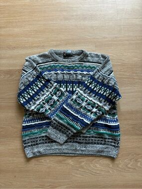 Men's Crewneck Patterned Sweater in Gray, Blue & Green